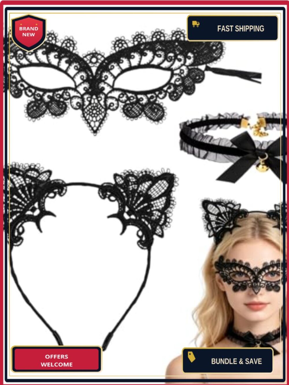 Lace Cat Ear Headband Eye Mask Choker Set Halloween Costume Accessories